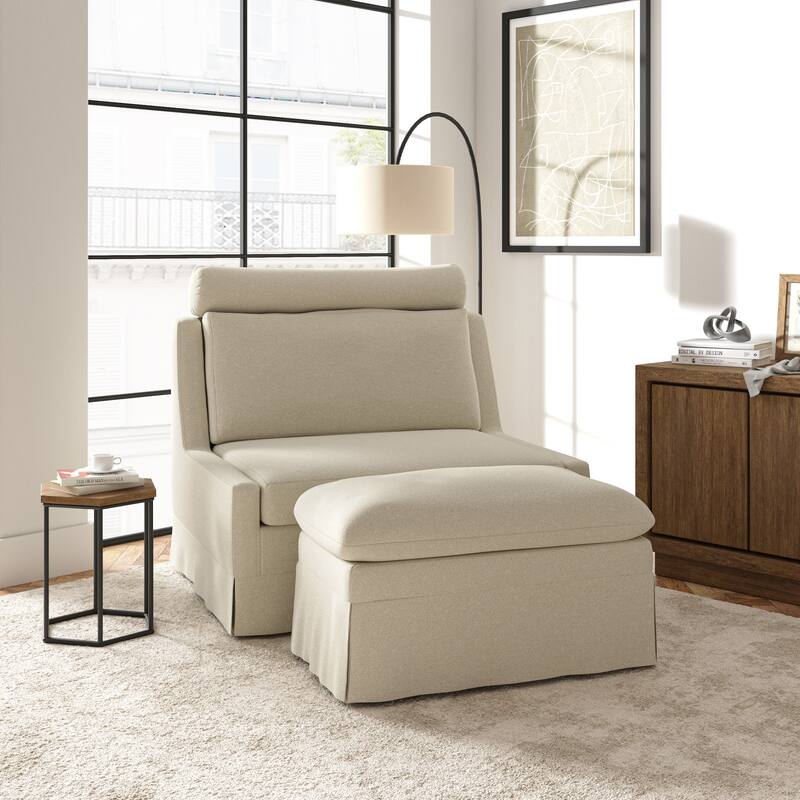Anne 45" W Modern Slipcovered Chair with Ottoman by HULALA HOME - Ivory