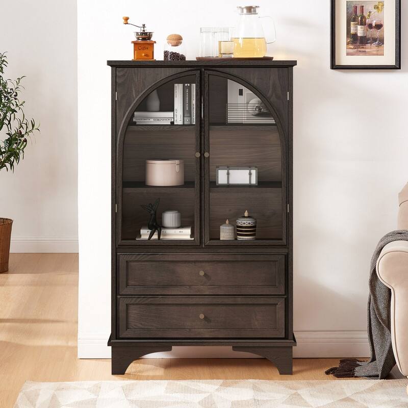 52.17"H Glass Door Display Case Storage Cabinet with Adjustable Shelf and Drawers for Stylish Organization - Black