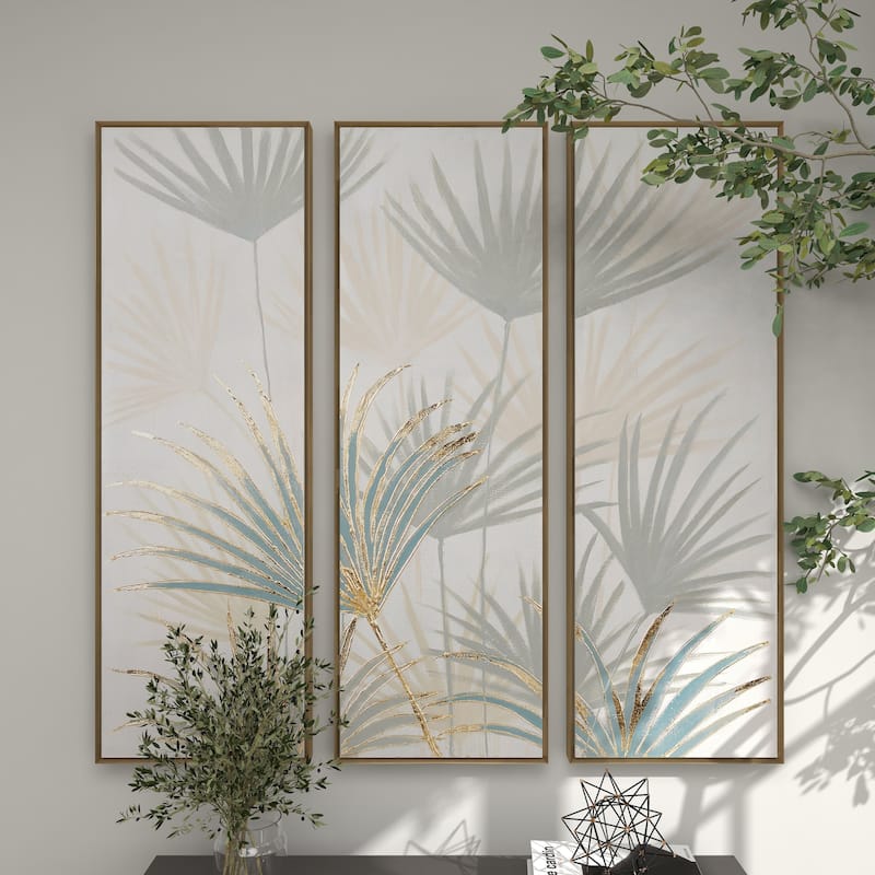 Brown Canvas Palm Leaf Framed Wall Art with Gold Frame (Set of 3)