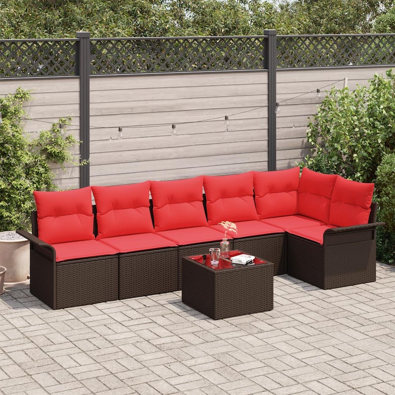 vidaXL 6/7 Garden Sofa Set with Cushions Black/Brown/Grey Poly Rattan - 117.1 x 52.2 x 27.2 - Brown with table