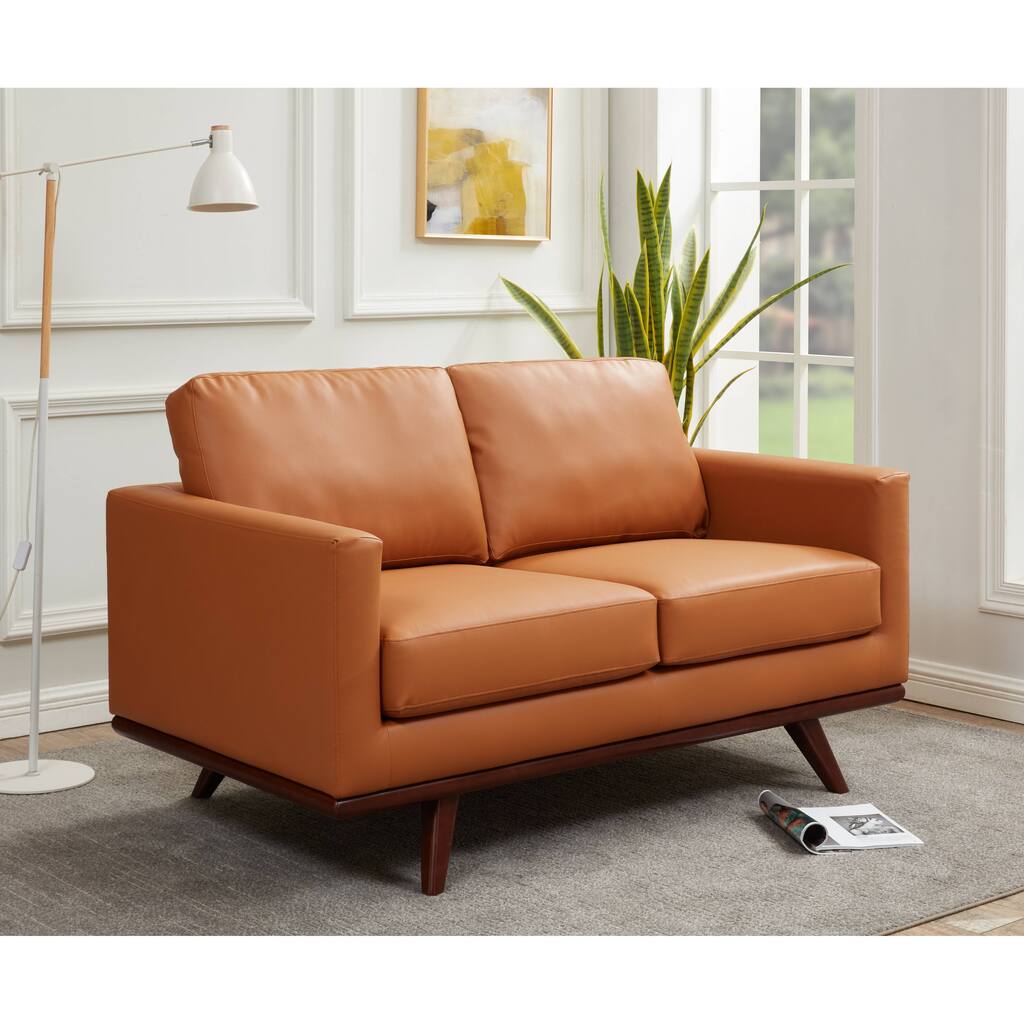 Chester Modern 2-Seater Leather Loveseat Sofa with Solid Birch Wood Base - Small Space Couch for Living Room & Office - 58.27