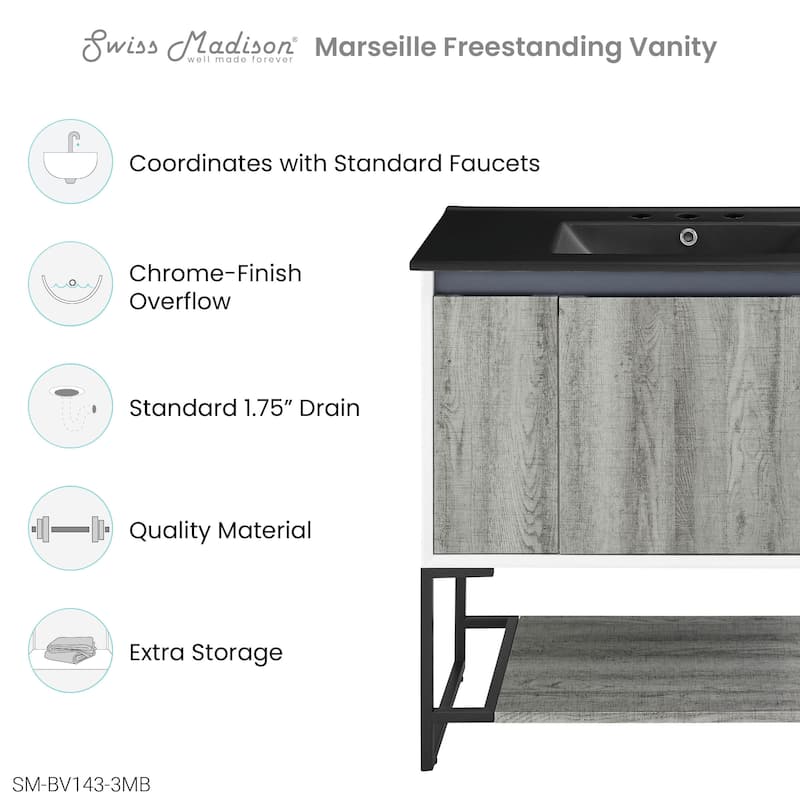 Marseille 36 In. Gray Bathroom Vanity With Black, 3-Hole Ceramic Sink Top