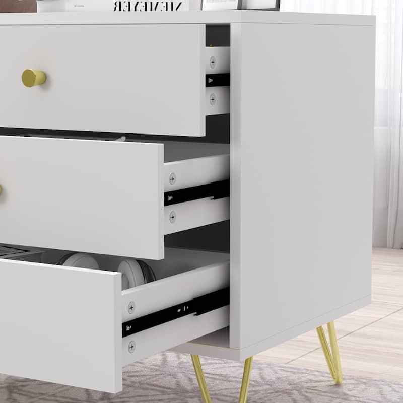 Timechee Nightstand Bedside Table Wood 3-Drawer with Metal Leg, White