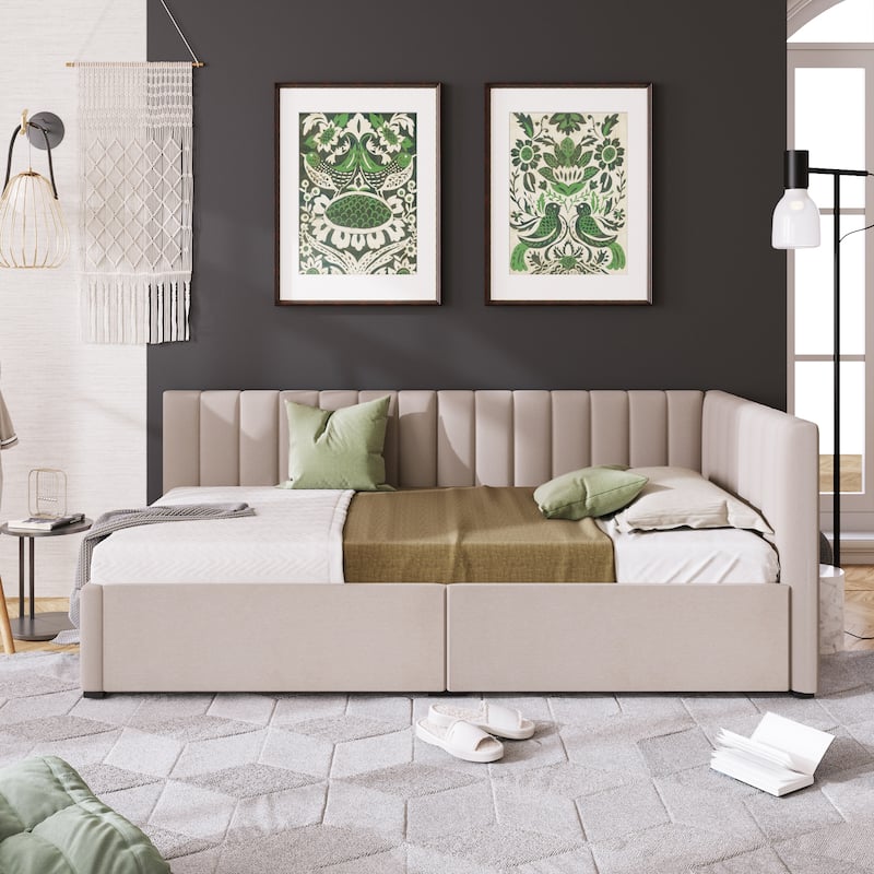 Beige Linen Twin Daybed Sofa with 2 Drawers