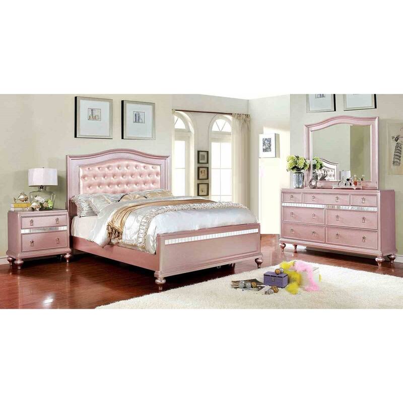 Contemporary Rose Gold Finish 4 Piece Bedroom Set Padded Bed Dresser Mirror Nightstand