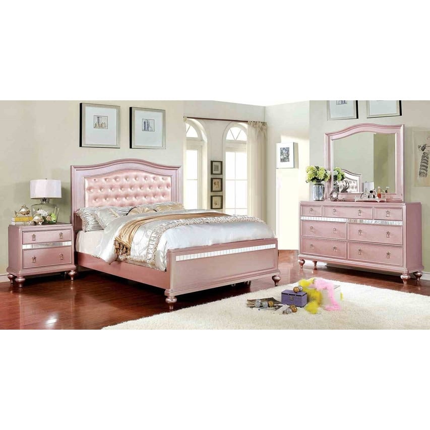 Contemporary Rose Gold Finish 4 Piece Bedroom Set Padded Bed Dresser Mirror Nightstand