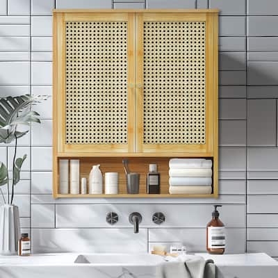 Bamboo Wall Mounted Cabinet Hanging Storage Cabinet with 3 Shelves