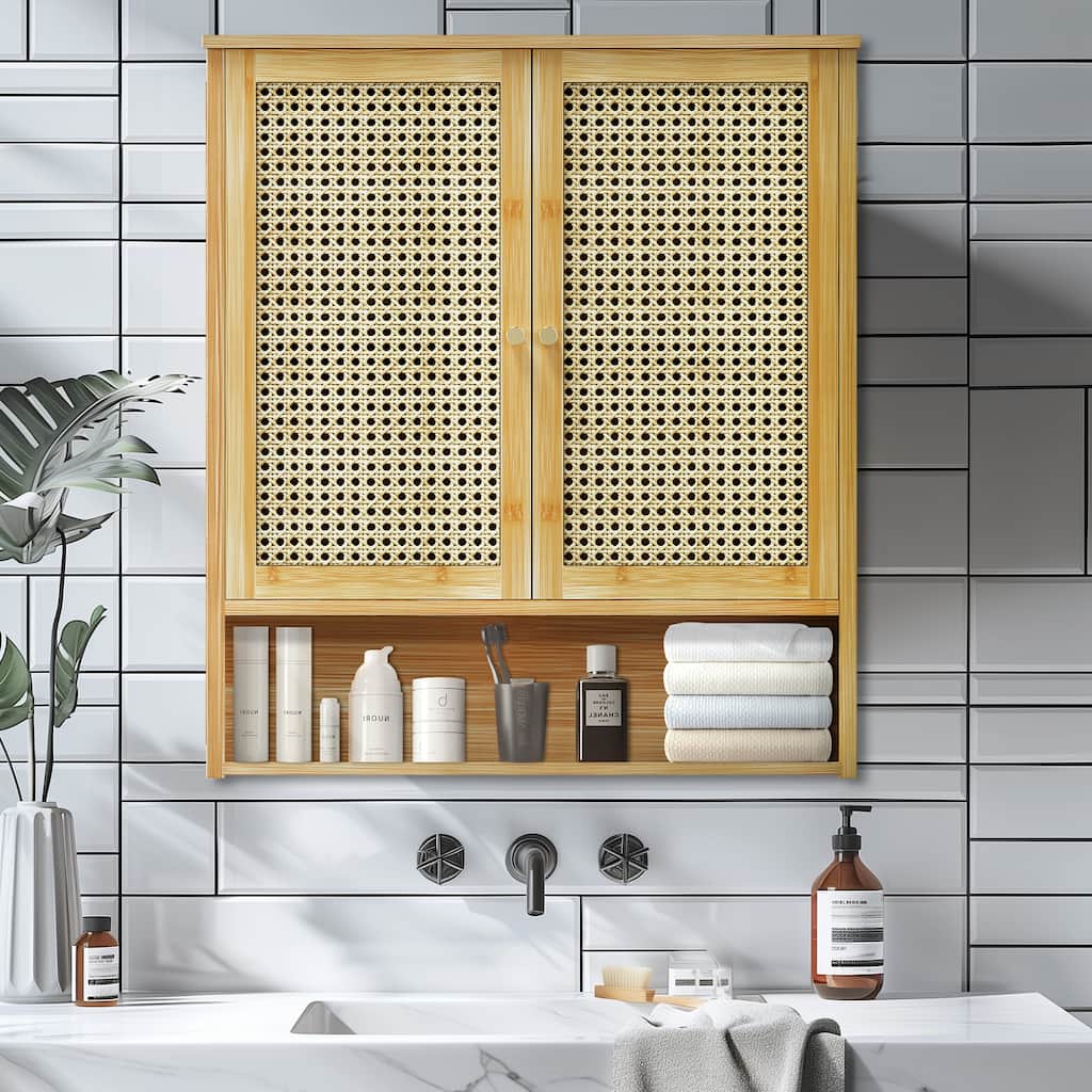 Bamboo Wall Mounted Cabinet Hanging Storage Cabinet with 3 Shelves