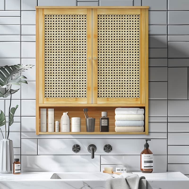 Bathroom Wall Cabinet Storage Organizer with Adjustable Shelf Double Door - Natural Wood