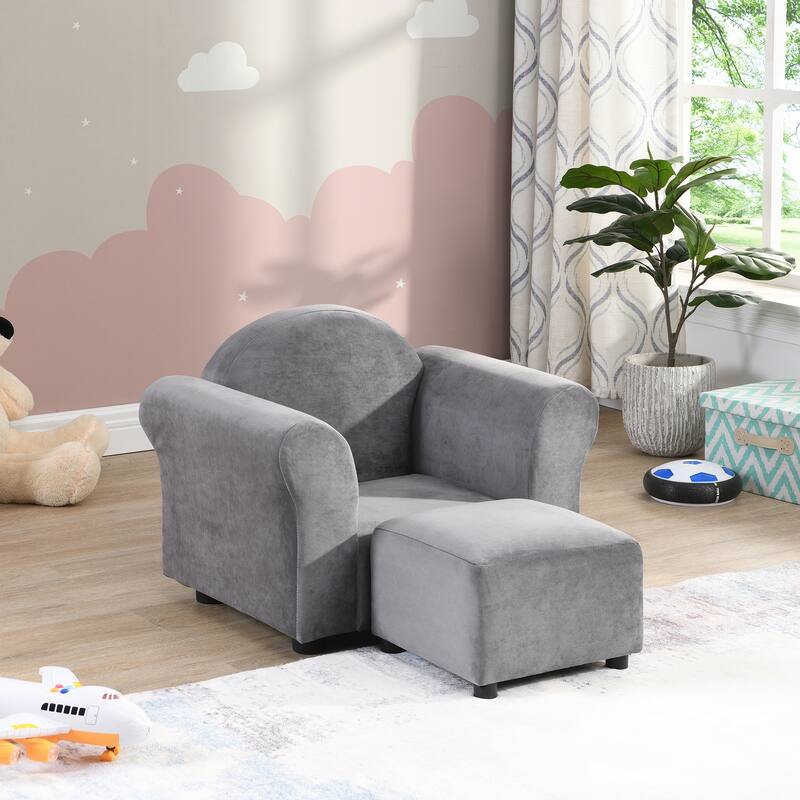 Anmytek Gray Velvet Kids Armchair Ottoman Set Toddler Chair Playroom Nursery Decor - 22.4 in. W X 16.1 in. D X 17.7 in. H - Grey