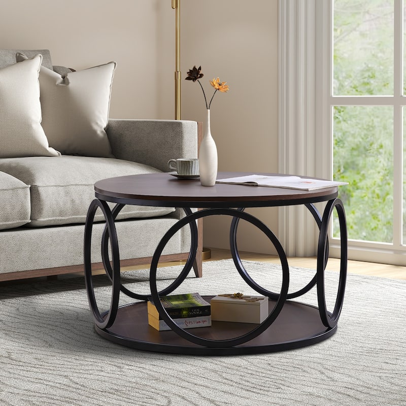 2-Tier Round Industrial Coffee Table with Metal Frame - 31.5"Dia x 18.7"H
