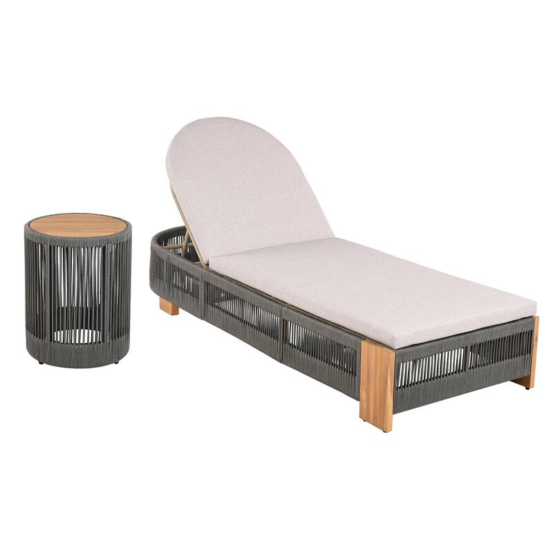 Roomfitters Outdoor Rope Chaise Lounge Set, 2 Adjustable Loungers, Side Table & Beige Cushions, Rope
