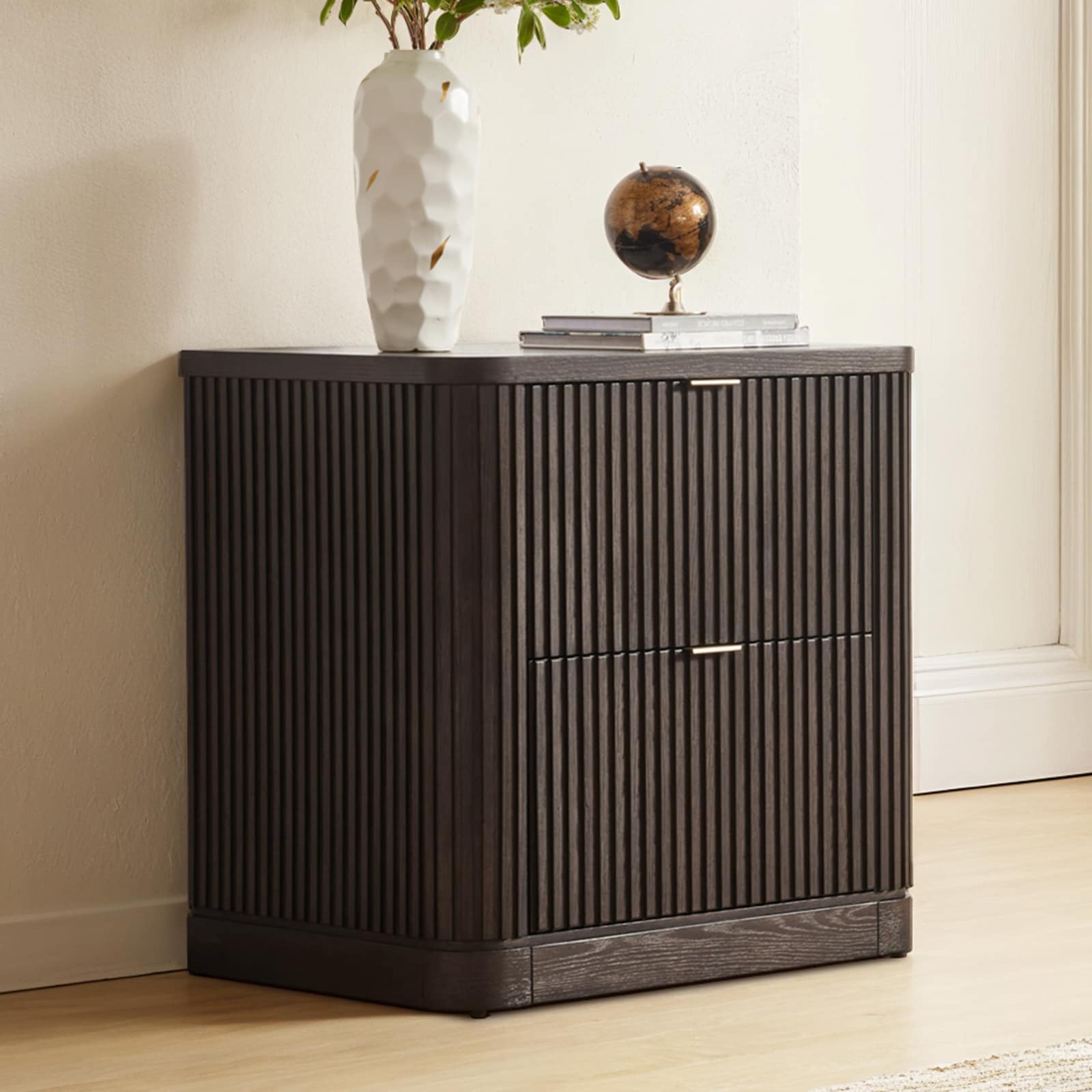 HULALA HOME Emmanuel Modern 28.5" Fluted File Cabinet Oak Veneer 2-Drawer Independent Locking
