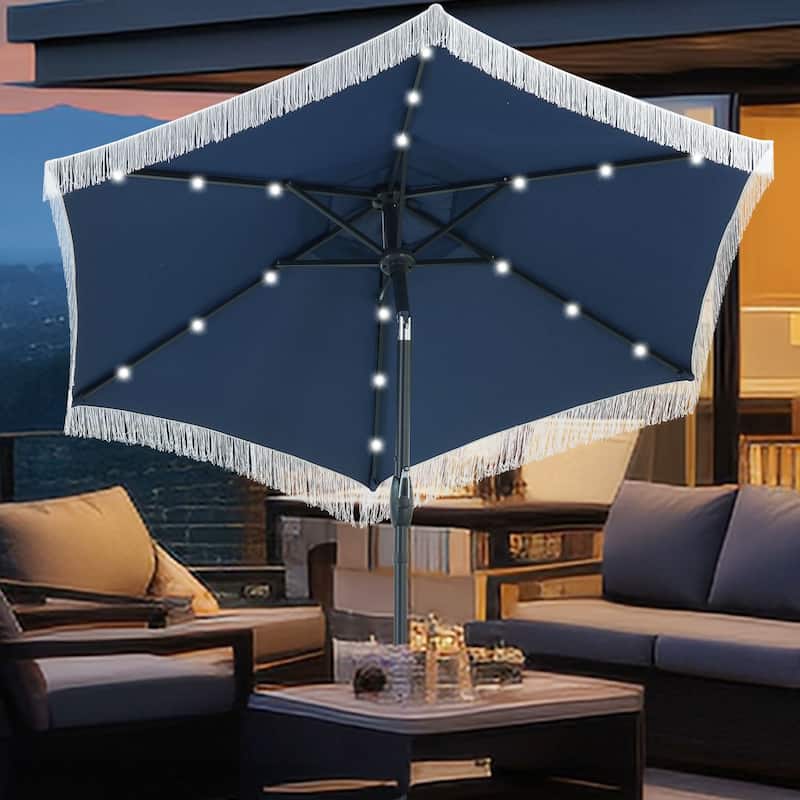 Autlaycil 7.5 ft Patio Umbrella with Tassel, 18 LED Lights Solar Umbrella - Navy Blue