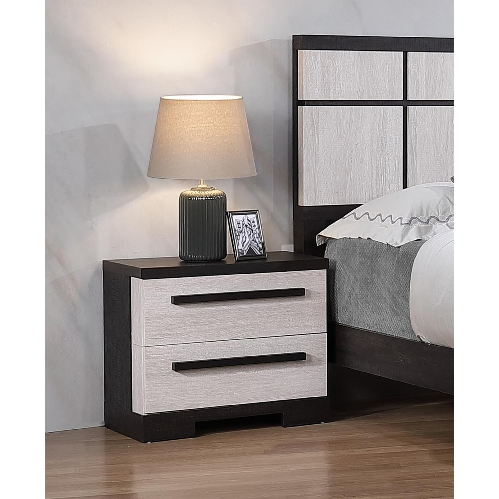 Contemporary Two-Drawer Nightstand, Chalk White And Black Finish, Wooden