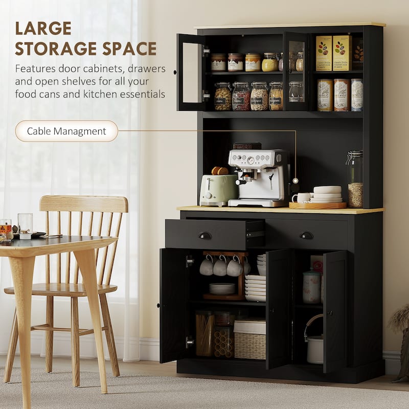 HOMCOM Kitchen Pantry Storage Cabinet with Microwave Stand, 71" Modern Kitchen Hutch with Glass Doors, Storage Drawers