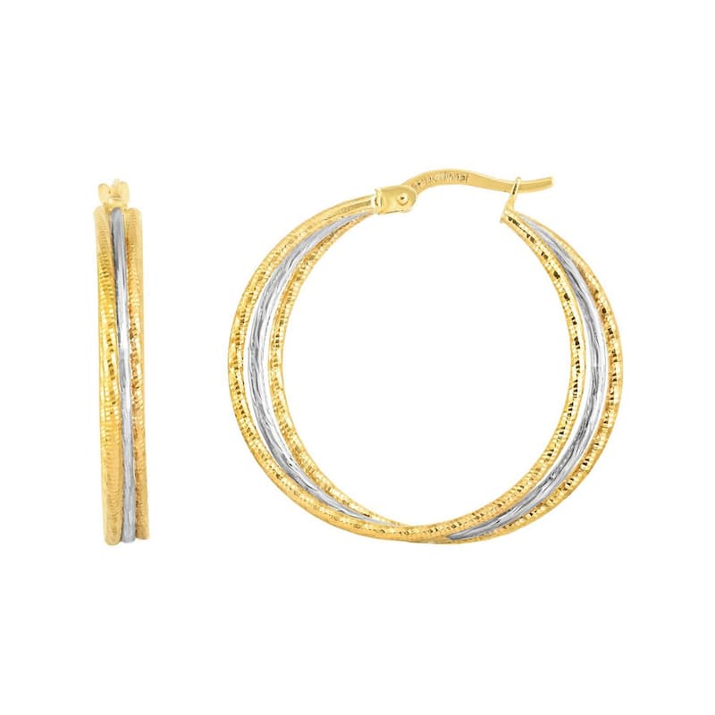Curata 14k Two-tone Gold 26x4mm Textured Triple Row Hoop Earrings