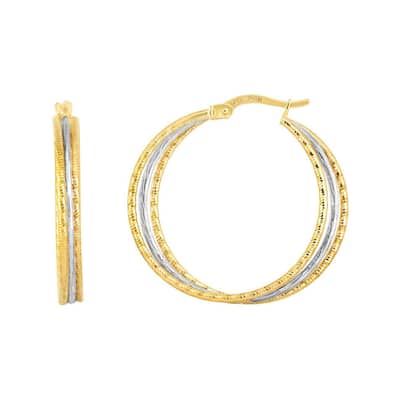 Curata 14k Two-tone Gold 26x4mm Textured Triple Row Hoop Earrings