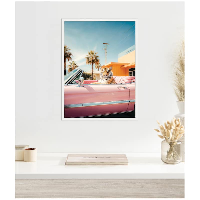 Kate and Laurel Cool Tiger Sitting in a Pink Classic Car by Michael Schauer Framed Canvas Wall Art Print