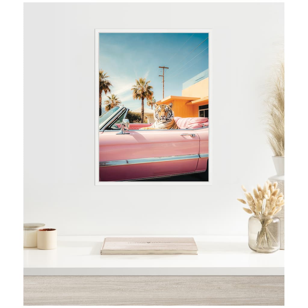 Kate and Laurel Cool Tiger Sitting in a Pink Classic Car by Michael Schauer Framed Canvas Wall Art Print