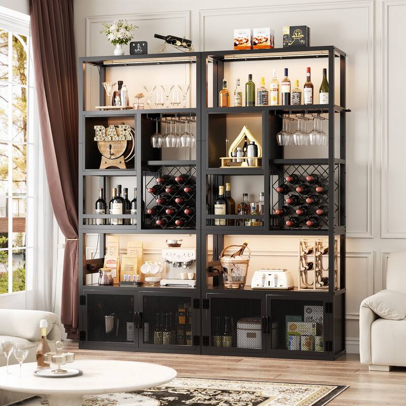 82.6" Tall Wine Cabinet with Glass Holder & Wine Rack，6-Tiers Liquor Storage Cabinet with LED Lights ＆ Charging Station