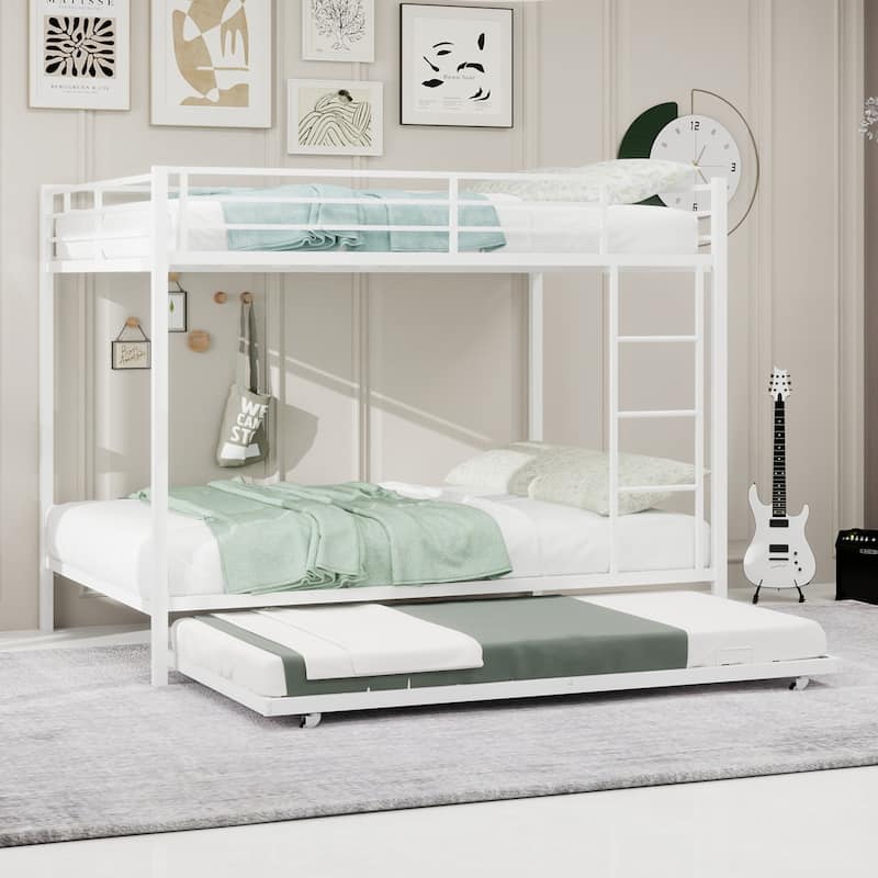 Metal Bunk Bed with Trundle and Safety Rails Modern Minimalist Design for Kids Guest or Shared Rooms
