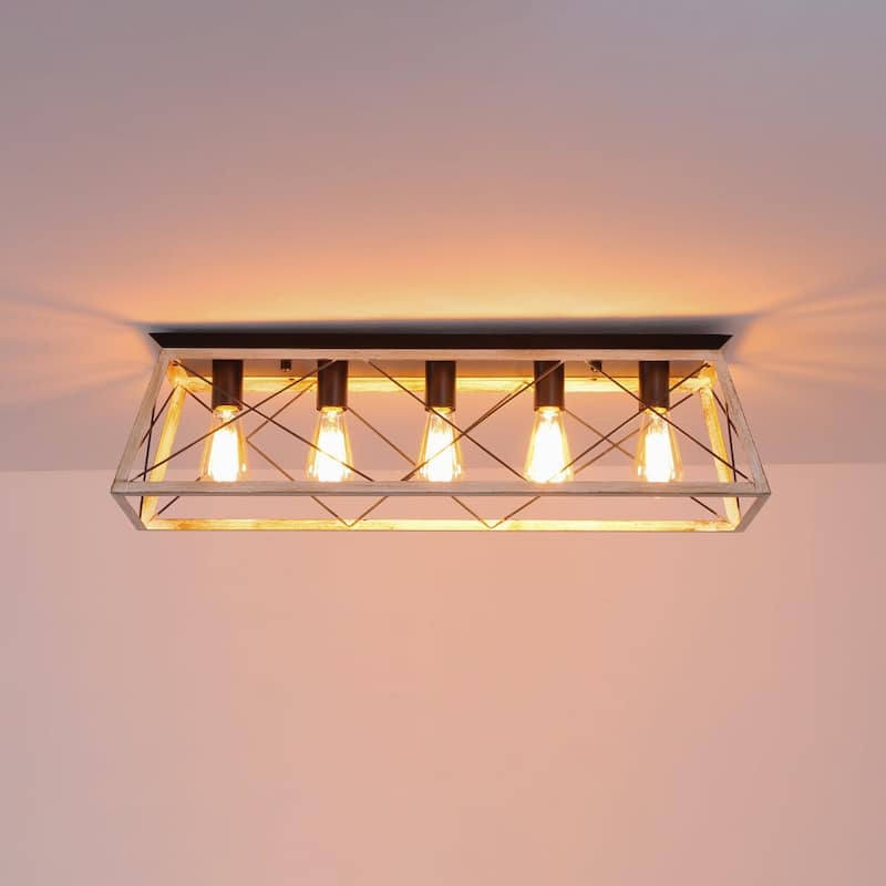 Rustic 5-Light Rectangular Cage Flush Semi Flush Mount - 31.5in