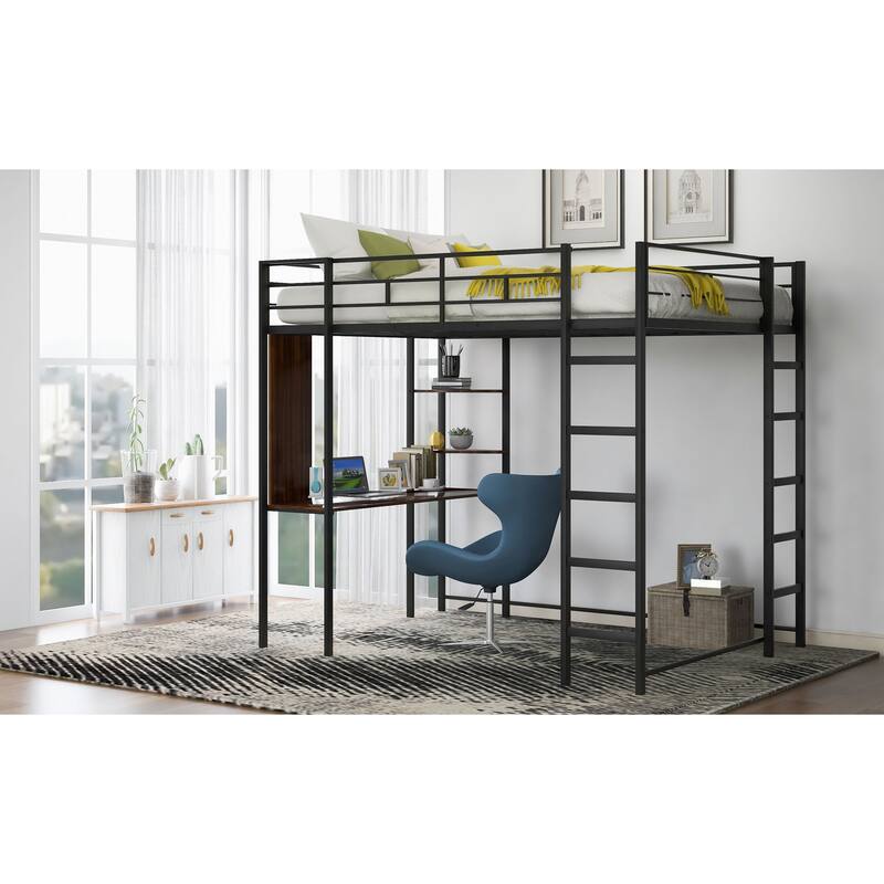 Full Size Metal Loft Bed with Shelves and Desk, Sturdy Steel Frame, Space-Saving Design