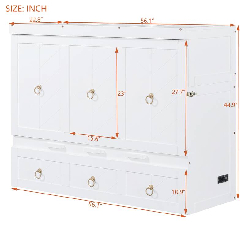 Full Size Space-Saving Murphy Bed with USB Port and Drawer