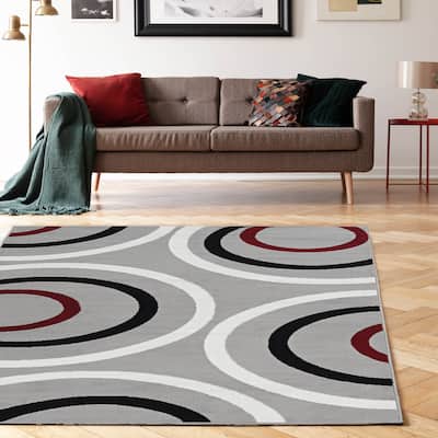 Power Loomed Capri Circles Gray White Black Red Polypropylene Rug (4'4"x7'3") - 4'3" x 7'3"