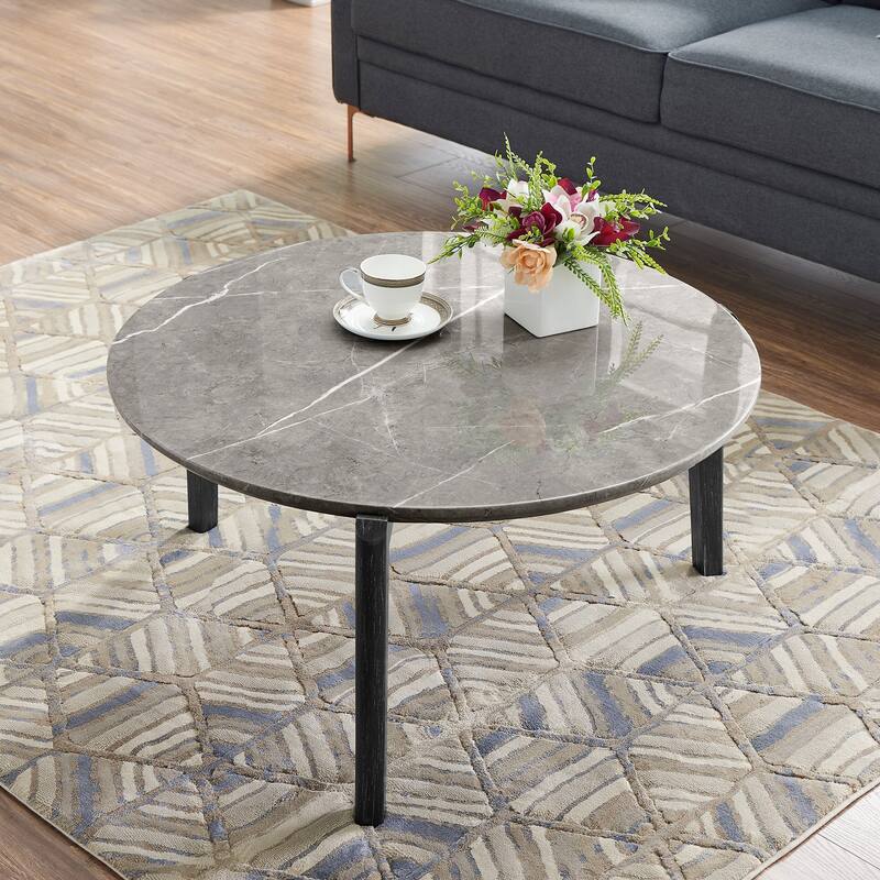 Living Room Coffee Table,36 Inch Round Small Coffee Table,Imitation Marble Tabletop With Rubber Wood Legs,Wooden Coffee Table