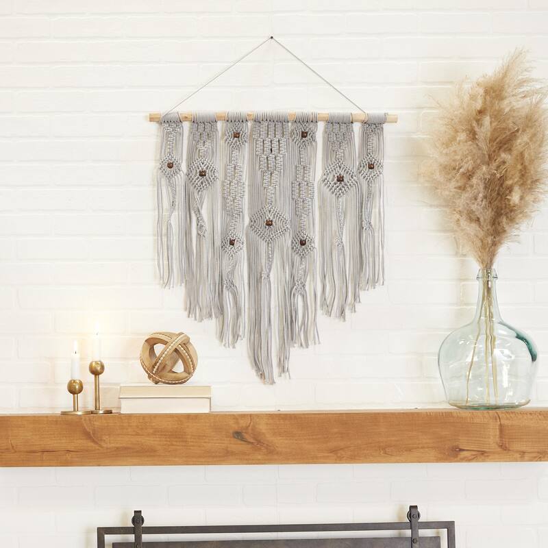 Cotton Fabric Macrame Handmade Intricately Weaved Wall Decor with Beaded Fringe Tassels - Gray - Roche River Decor