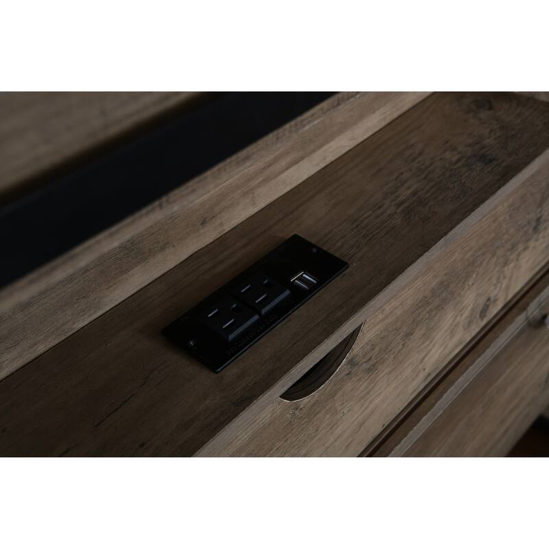 Queen Size Farmhouse Bed Frame with LED Lights, Charging Station, and Storage Drawers