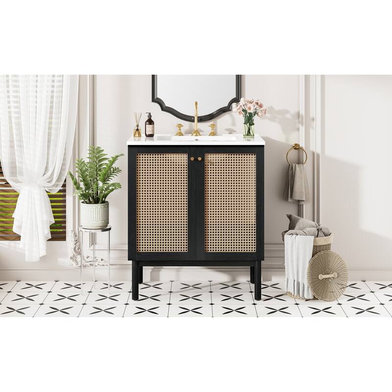 30-Inch Bathroom Vanity Crafted From Natural Materials, Featuring Handmade Rattan Doors And Soft-Closing Mechanisms