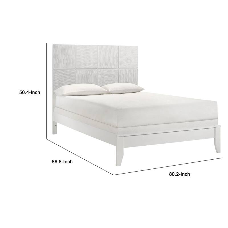 Deny Twin Size Bed w Grid Pattern Headboard, Tapered Front Legs, White
