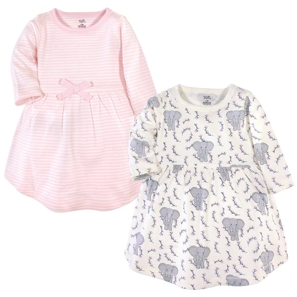 slide 1 of 1, Touched by Nature Baby and Baby Girl Organic Cotton Long-Sleeve Dresses 2pk, Pink Elephant 0-3 Months - Baby Toddler Pink Elephant Long Sleeve