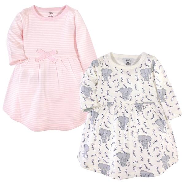 slide 1 of 1, Touched by Nature Baby and Toddler Girl Organic Cotton Long-Sleeve Dresses 2pk, Pink Elephant 2T - Baby Toddler Pink Elephant Long Sleeve