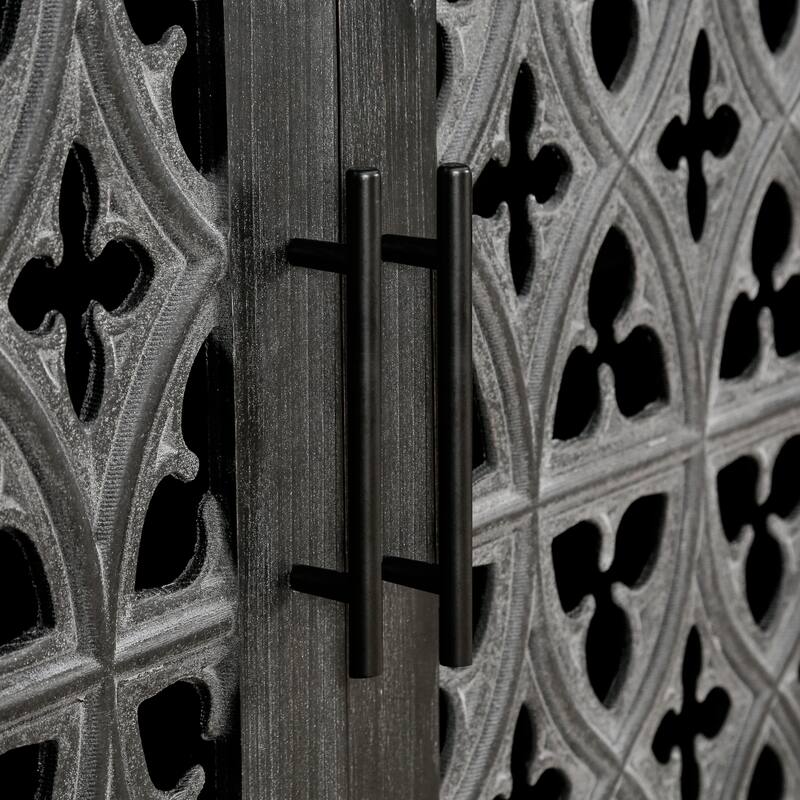 Hollowed-Out Floral 4 Doors Antique Cabinet, Freestanding Wooden Storage Cabinet, Accent Cabinet with Adjustable Shelf