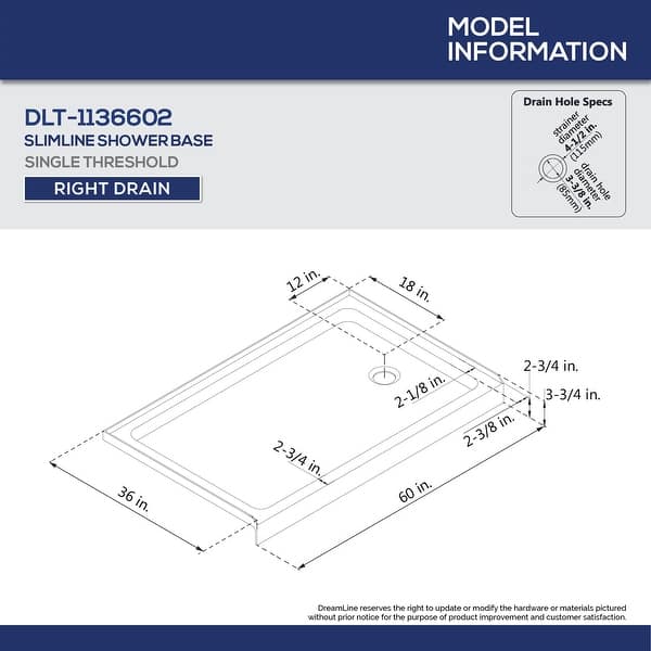dimension image slide 0 of 3, DreamLine SlimLine 36 in. D x 60 in. W x 2 3/4 in. H Single Threshold Shower Base