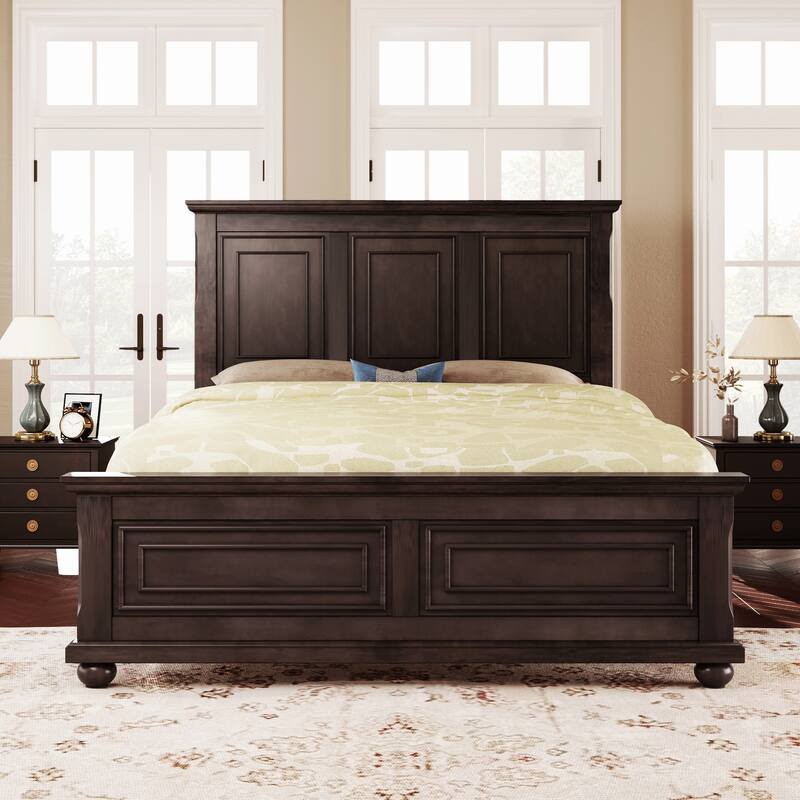 Solid Pine Wood Bed with Traditional Design by Harper&Bright Designs - Brown - Queen