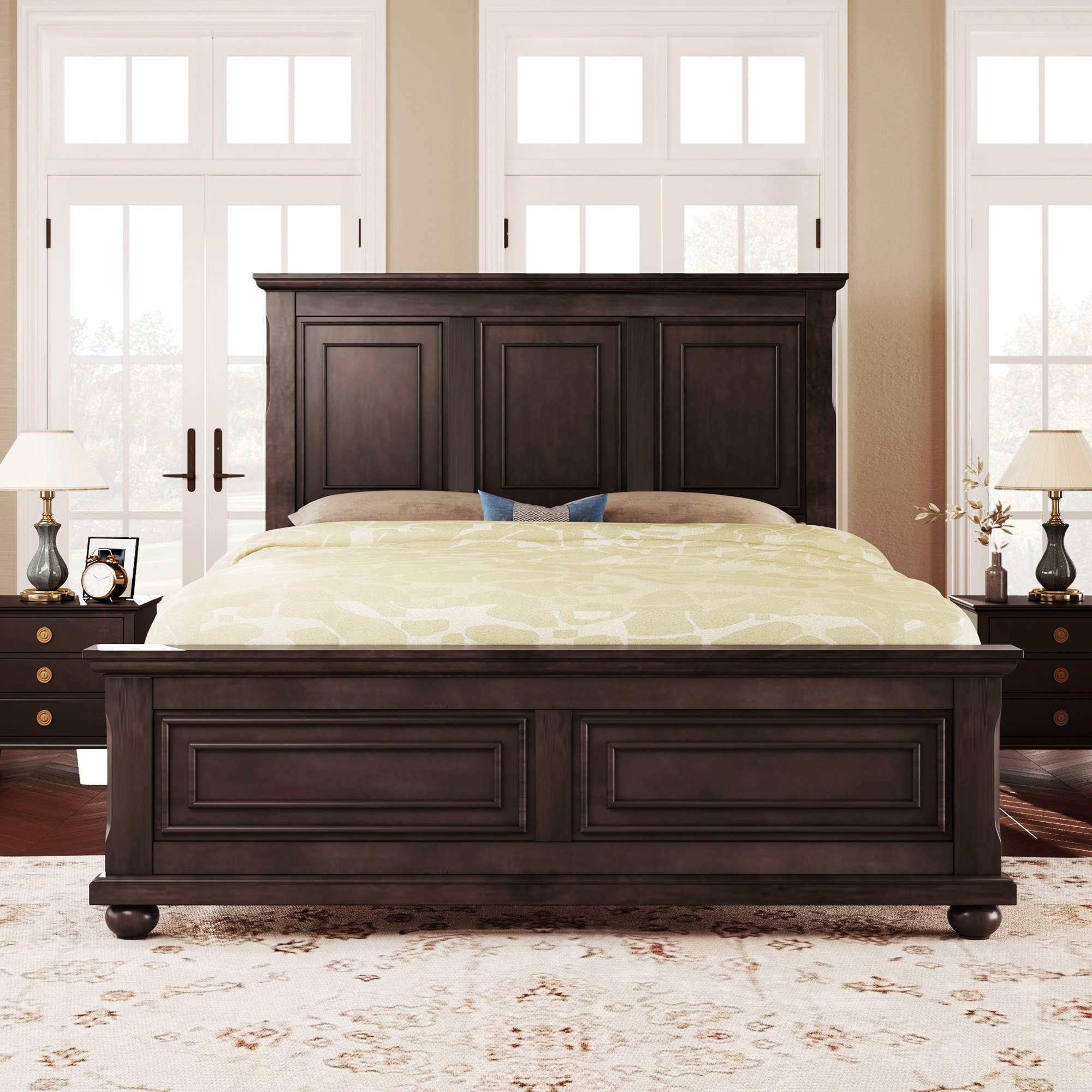 Traditional Town and Country Style Platform Bed Pinewood Vintage Tall Headboard King Bed Frame