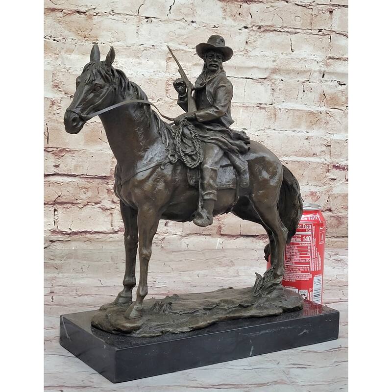 Bronze Remington Tribute Cowboy W/ Rifle Riding Horse Sculpture Statue Marble 12 Inches X 12 Inches
