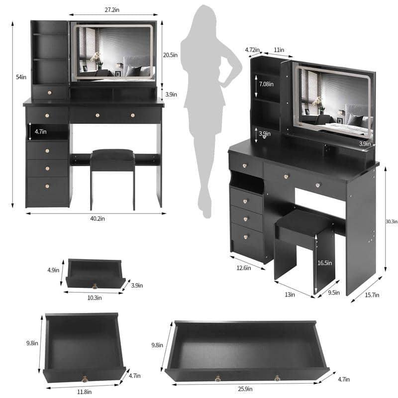 Vanity Dresser with Mirror and Stool Set Storage Drawers Luxury Furniture