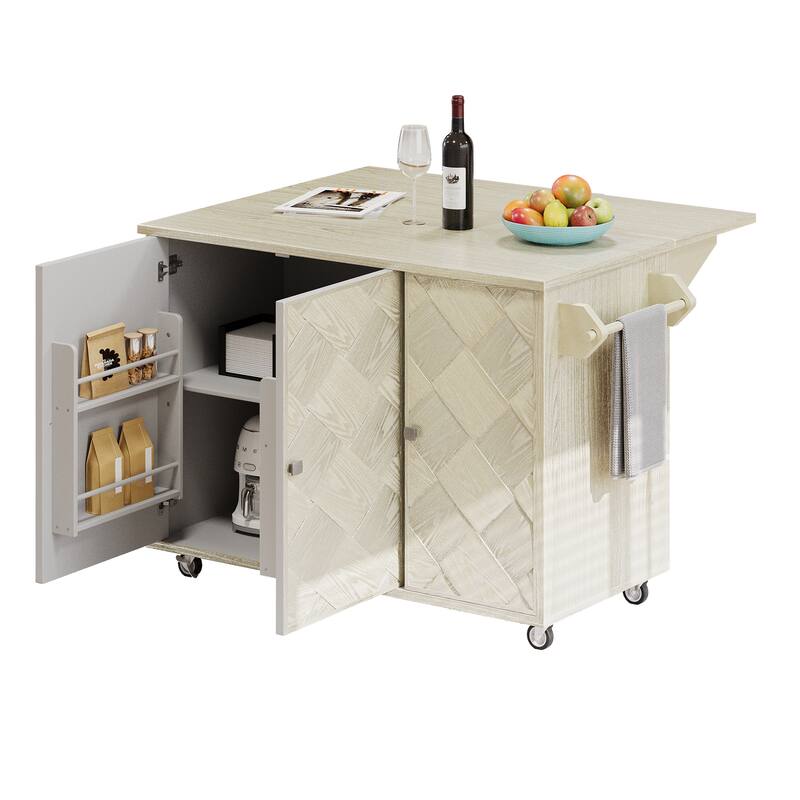 Modern 51.2" Kitchen Island with Drop Leaf and Handwoven Ash Veneer Doors, Internal Storage Racks on Wheels