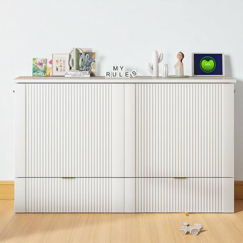 Full/Queen Size Murphy Bed Cabinet with Pulley Folding Design, USB Ports, Sockets and Large Storage Drawer
