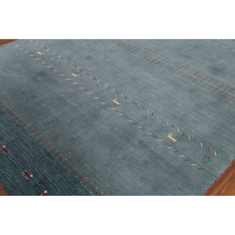 Blue Gray Gabbeh Indian Area Rug Hand-Knotted Wool Carpet - 6'8"x 9'8"