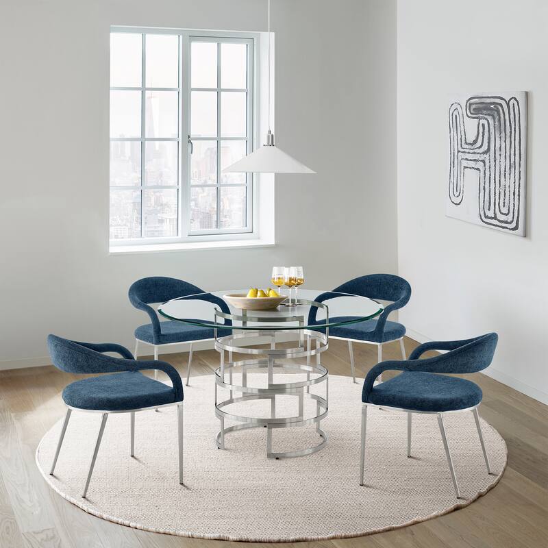 Diaz Morgan 5 Piece Round Glass Dining Table Set with Metal Frame and Upholstered Chairs - Blue/Stainless Steel