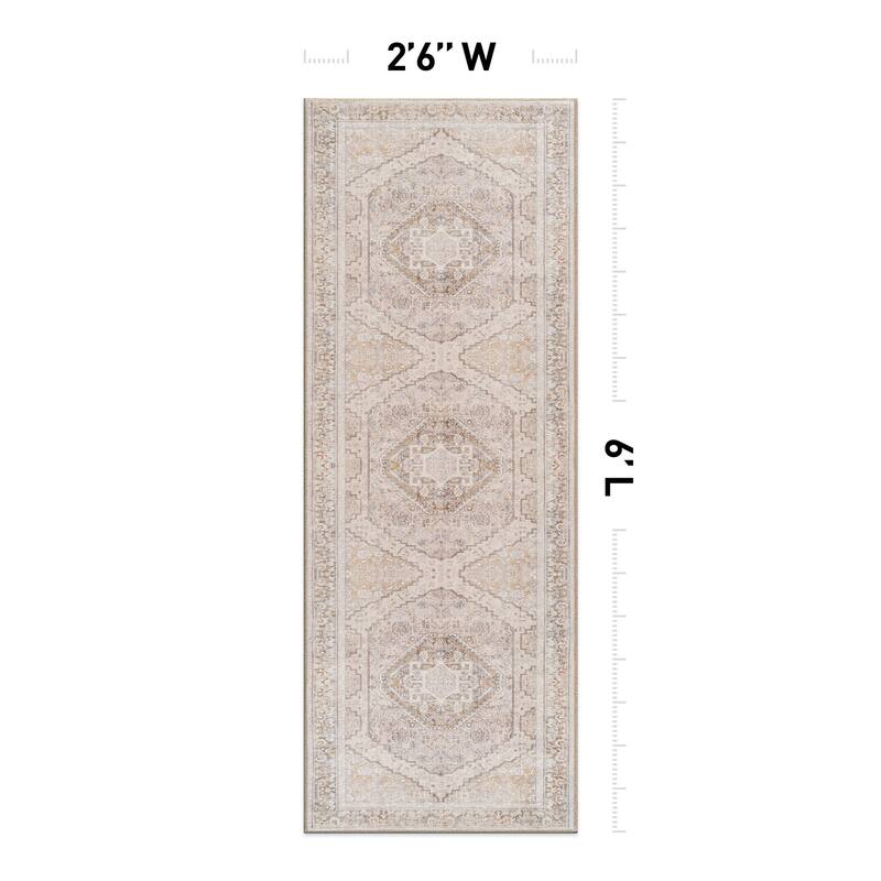 Beige Medallion Flat Pile Washable Rug - Pet Friendly, Non-Slip for Entryway and Bedroom