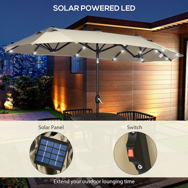 Outsunny Double-sided Patio Umbrella with Solar Lights and Sandbag Base, Outdoor Table Umbrella with Push Button Tilt, Crank