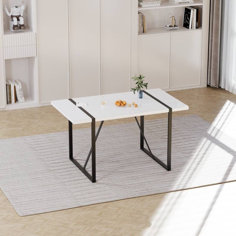 55" Modern Rustic Industrial Dining Table Engineered Wood Top & Black Metal Frame, Seats 4-6 - White